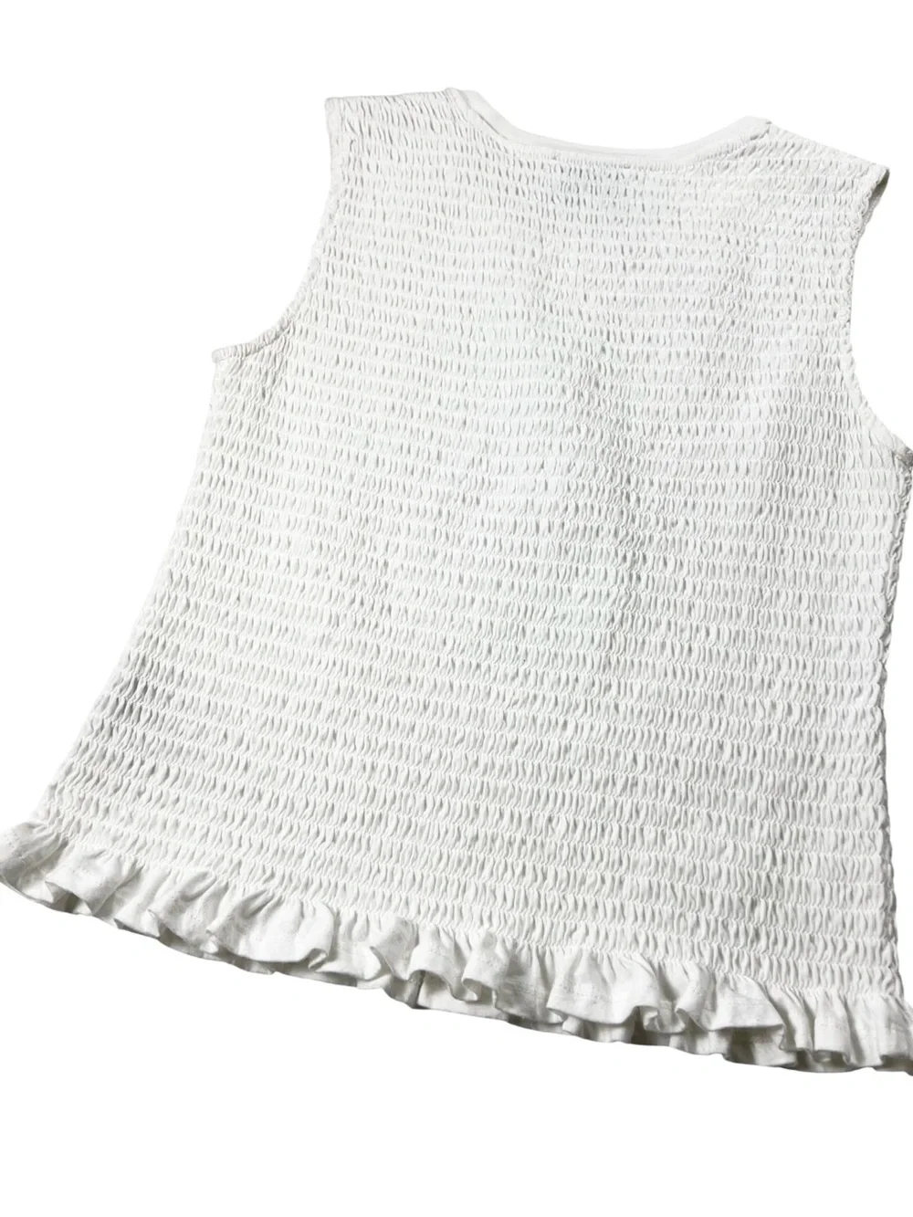 Jason Wu White Smocked Sleeveless Ruffle Hem Cotton Top Size Medium